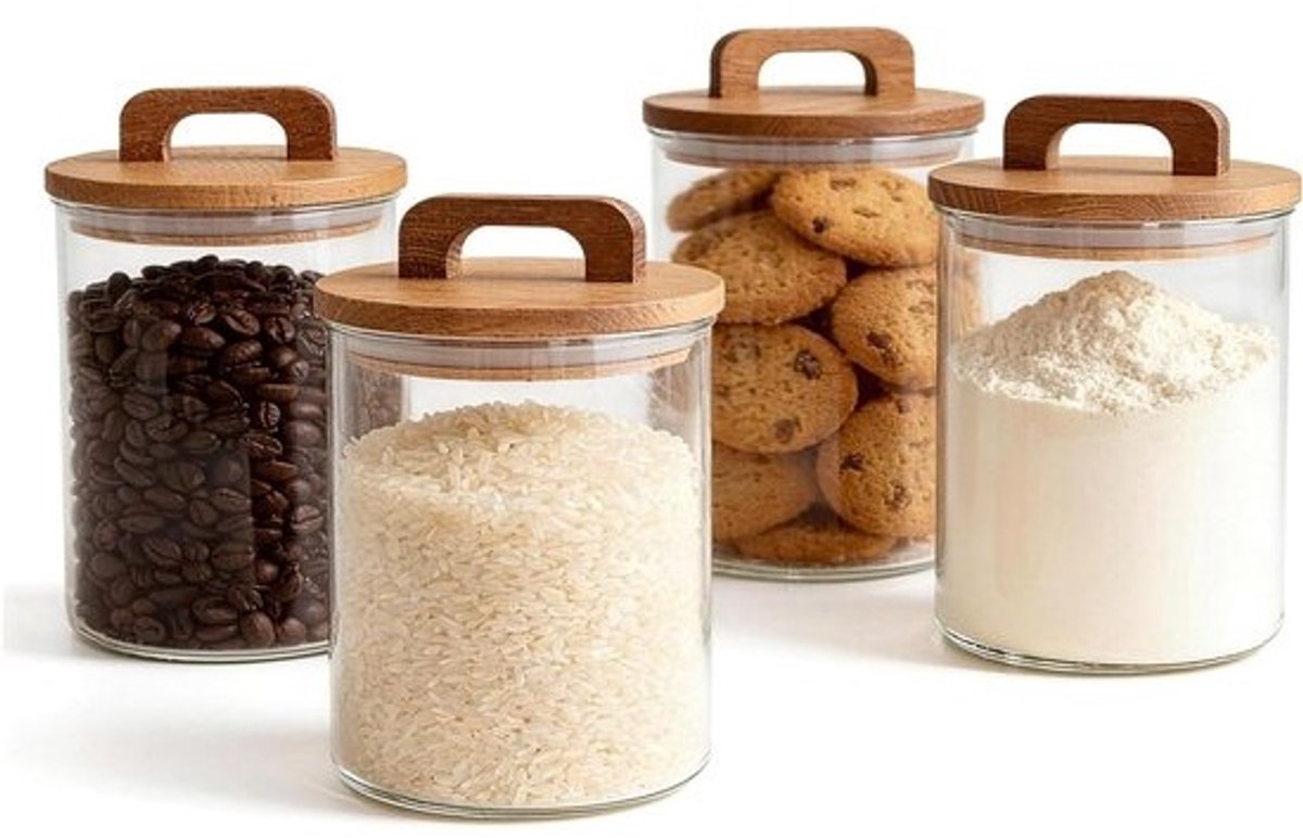 Glazen Opbergpotten met Houten Deksel - 4 x 800 ml - Luchtdicht en Handig voor Voedselopslag - Keukenaccessoires voor Organisatie