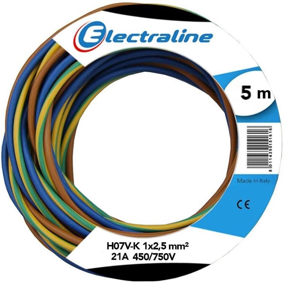 Elektriciteitsdraad - Bruin / Blauw / Groen / Geel - 1 x 2,5 mm² - 5 Meter - Vaste Installatie Kabel