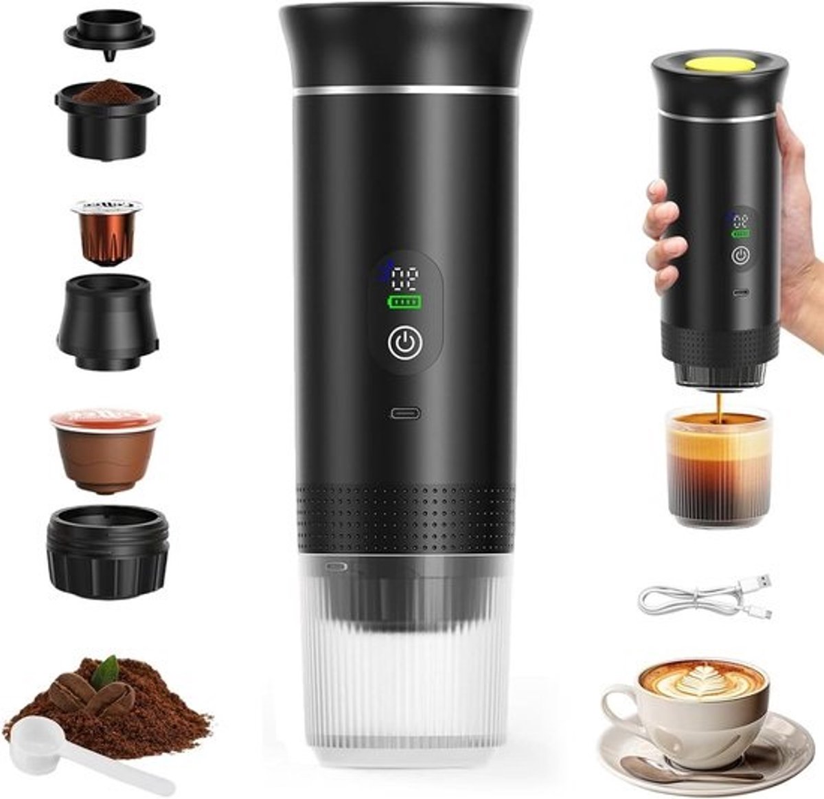 draagbaar koffiezetapparaat - mini-espressomachine - koffie maken onderweg - 3-in-1-functionaliteit - 90 milliliter - zwart