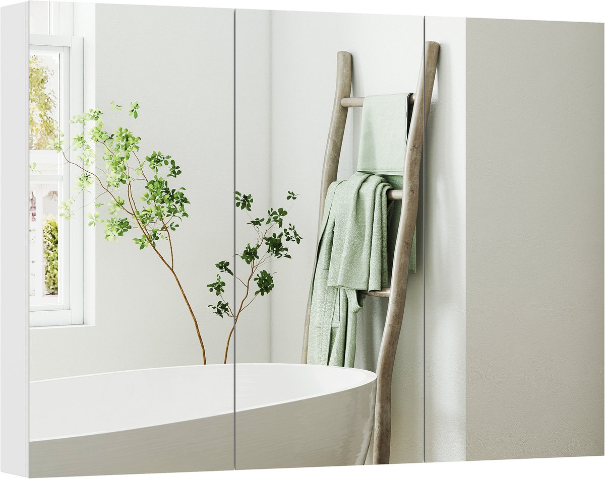 Badkamerwandkast met spiegel - 3-deurs spiegelmeubel - verstelbare planken - 91 - 5x11 - 5x65cm - wit