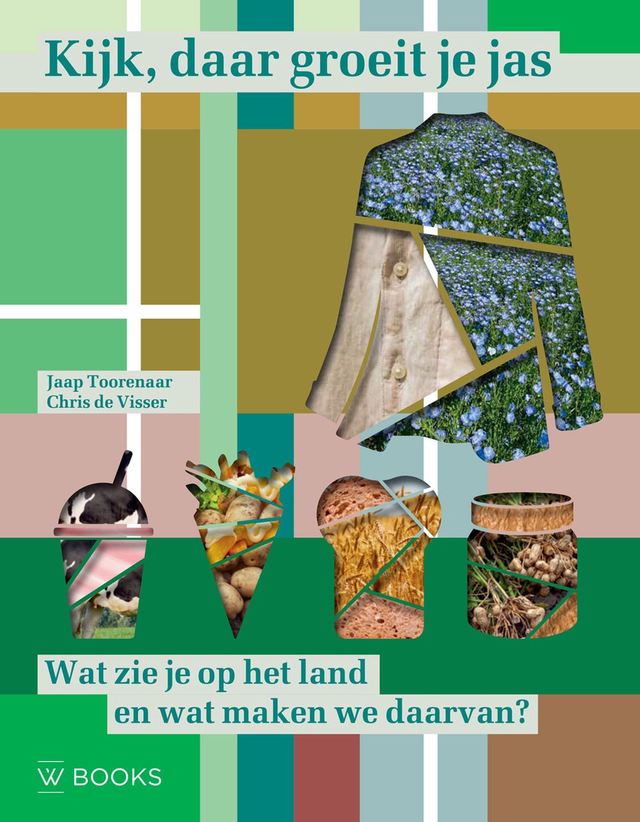 Boekomslag met een jas van bloemen, ijsjes van melk, groente, brood en aardappels. Titel "Kijk, daar groeit je jas"