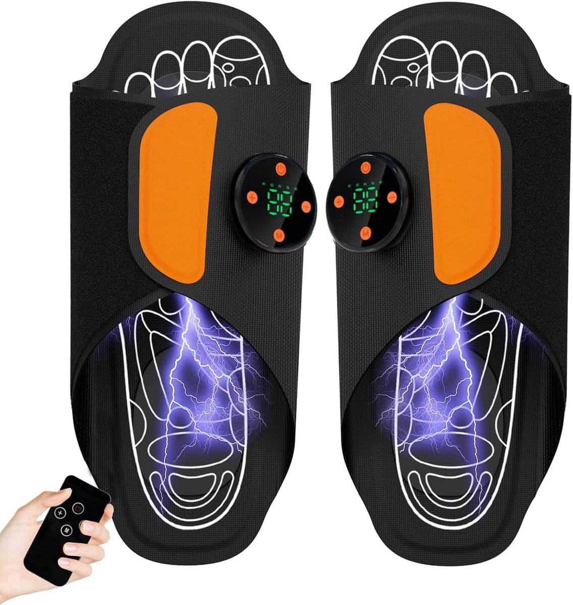 Voetmassageapparaat mat, EMS-voetmassagepad, microstroom-voetmassageapparaat, draagbaar, pulsmassageschoenen voor pijnverlichting, 8 modi, 19 intensiteitsniveaus, LED-HD-scherm, plantaire verlichting - zwart