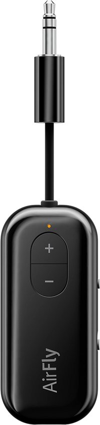 Zwarte AirFly SE bluetooth-zender met volume omhoog/omlaag knoppen en een 3,5 mm stekker.