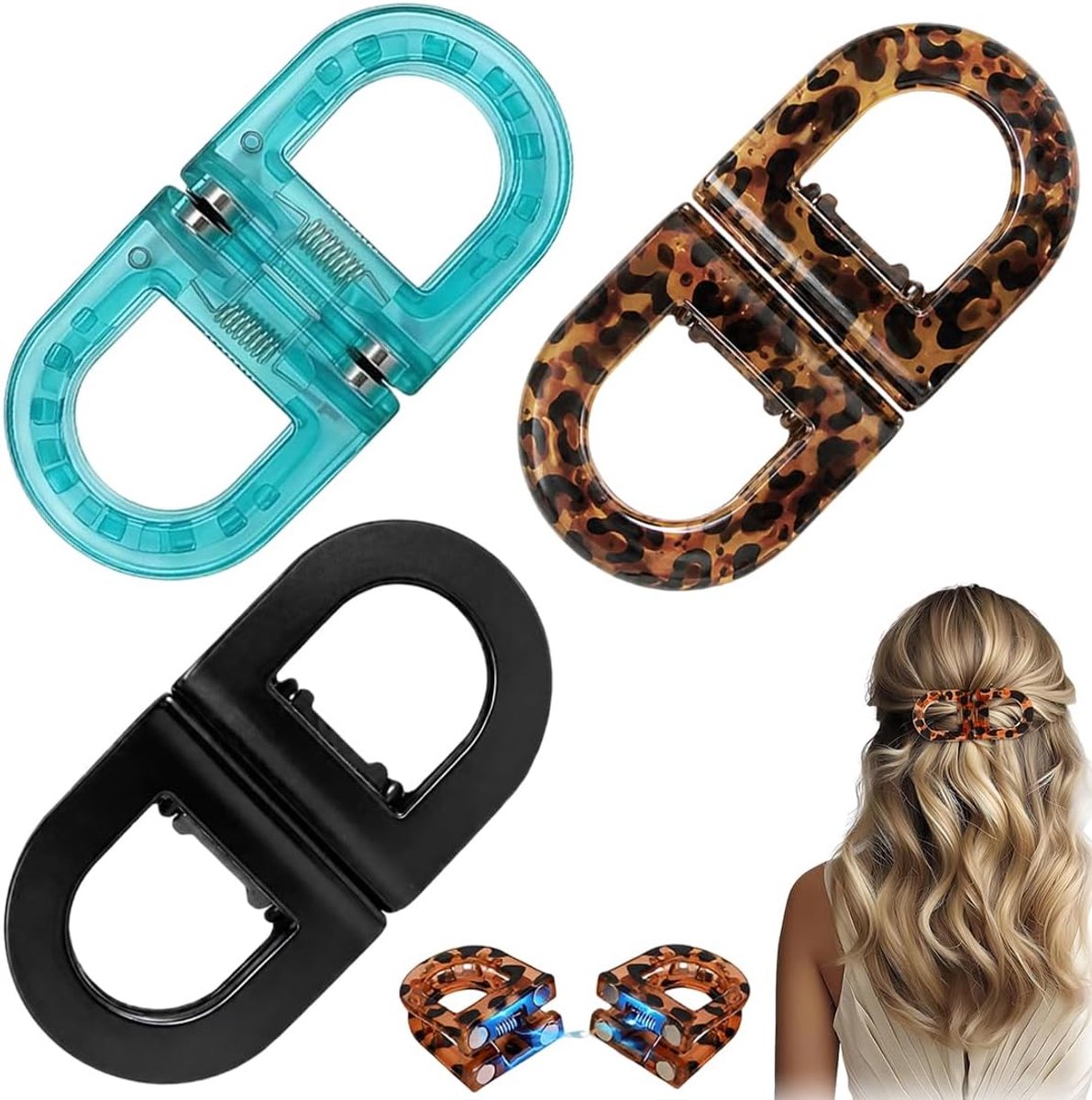 Haarclips - 3 stuks haarclips met magneet, sterke haarklemmen in blauw, zwart en luipaard, voor dames, zonder merk