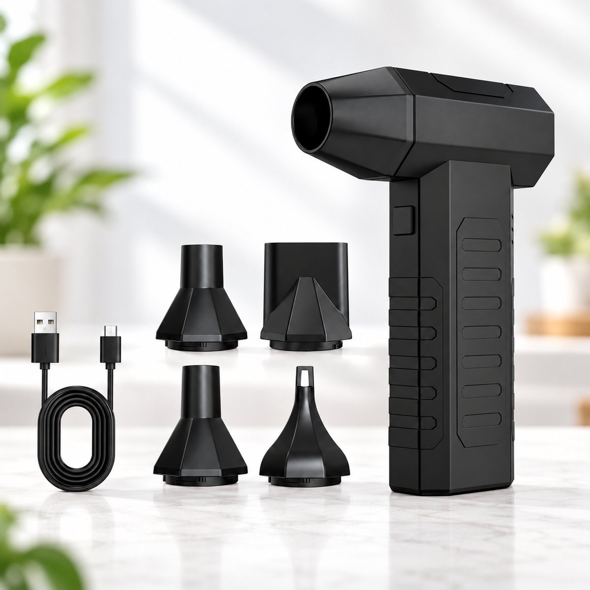 Draadloze Luchtblazer – Elektrische Stofblazer 110.000 tpm en 80 W – Krachtige Luchtblazer met 4000 mAh Accu, 3 Snelheden en USB-C – 4 Mondstukken voor Auto, PC en Toetsenbord
