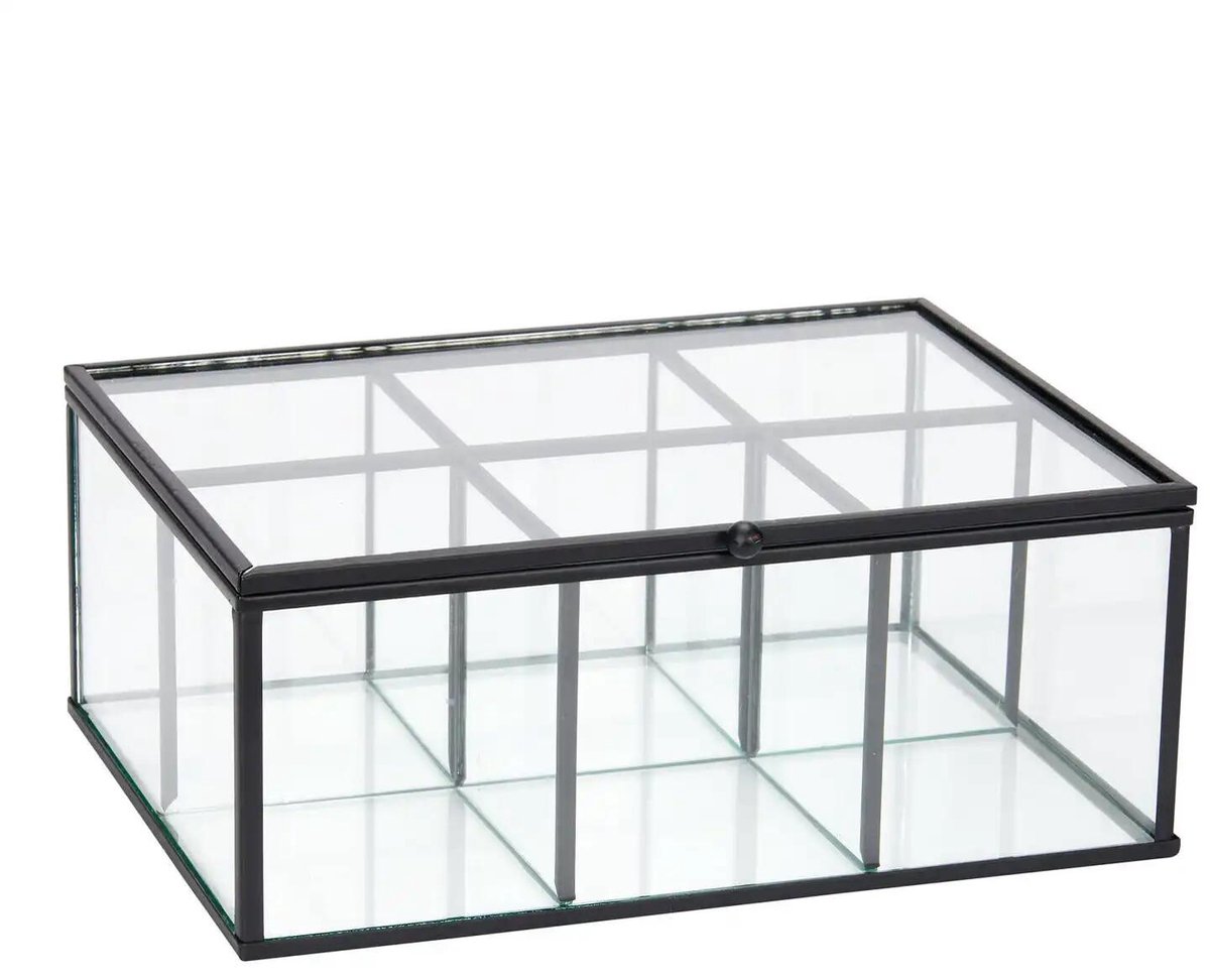 Bellatio Design Sieraden organizer - zwart - 6-vaks - metaal / glas - 22 x 16 x 9 cm - juwelenkistje