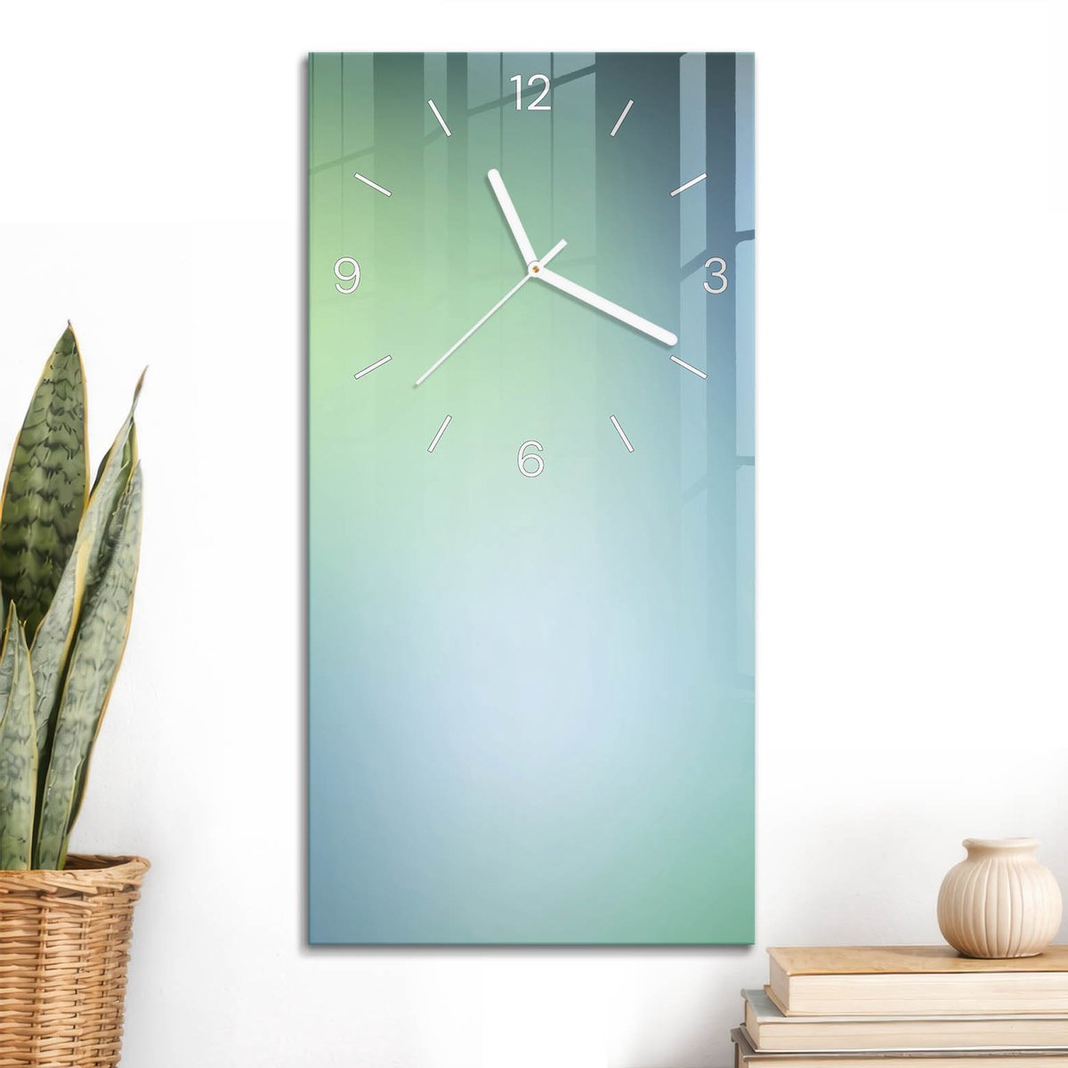 ArtPrintCave Groene Glazen Klok - 30x60 cm - Rechthoekige Wandklok - De Vrede Van Kleuren Unieke Klok - Abstractie Stille Wandklok - Witte Klokwijzers