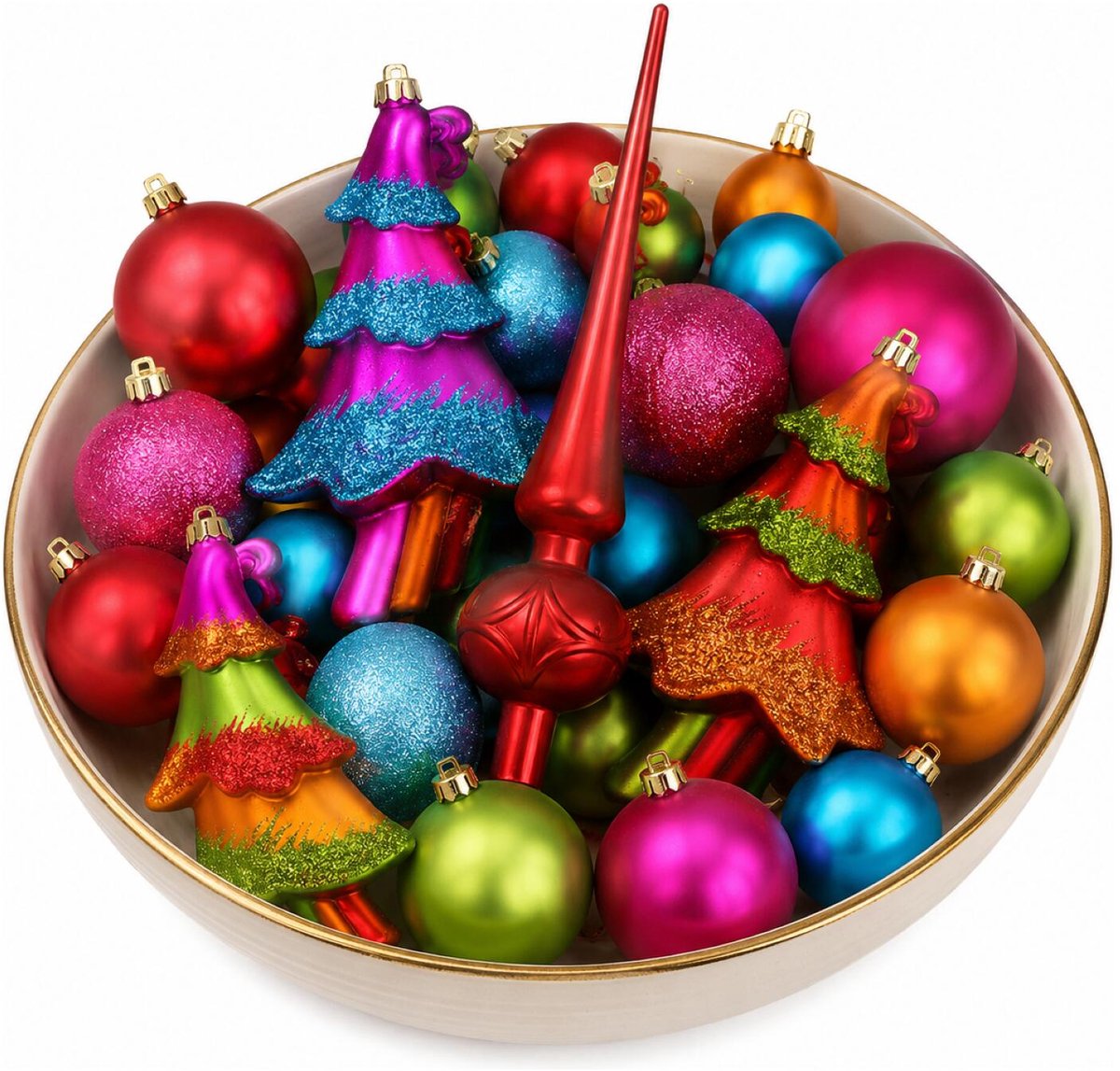 Inge Kerstballen en kerstboom ornamenten - 43-dlg - met piek - gekleurd - kunststof - kerstversiering – foto 5