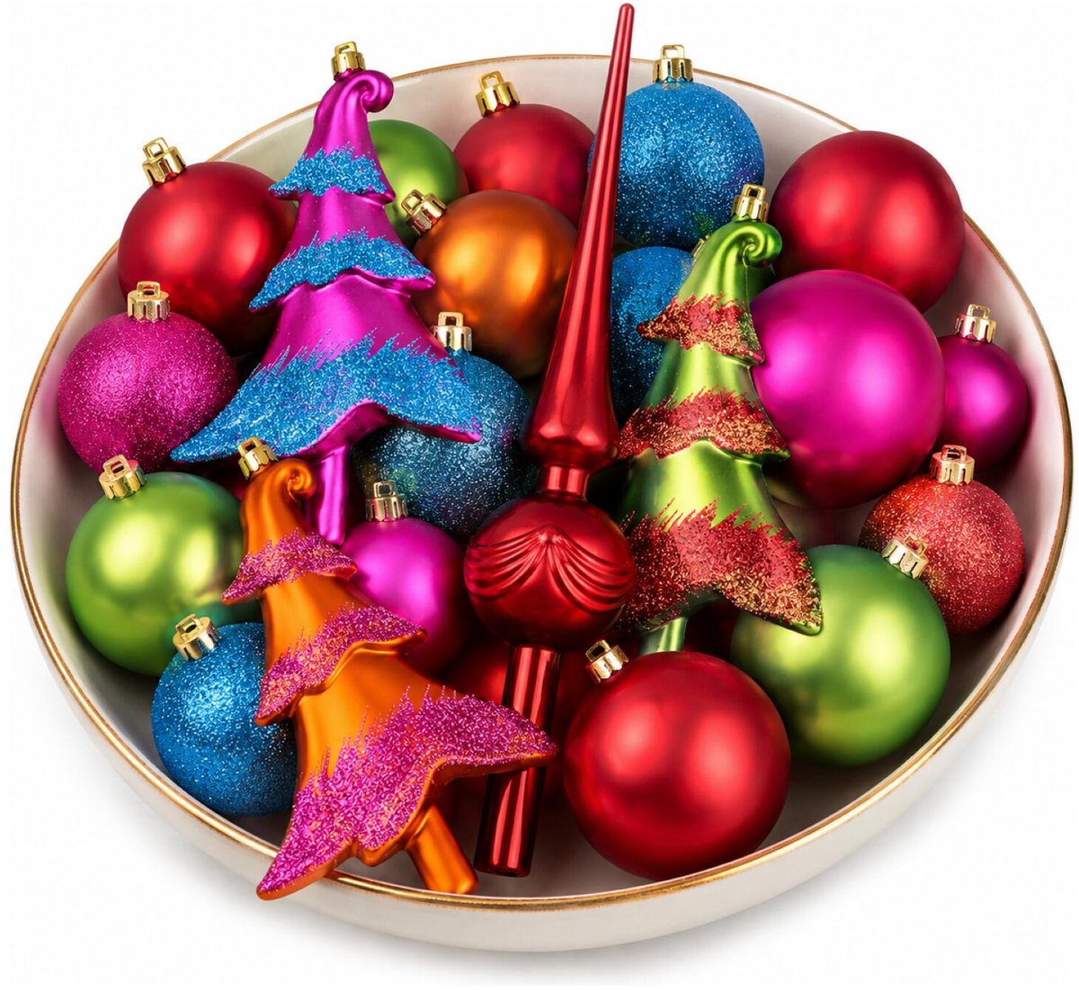 Inge Kerstballen en kerstboom ornamenten - 43-dlg - met piek - gekleurd - kunststof - kerstversiering