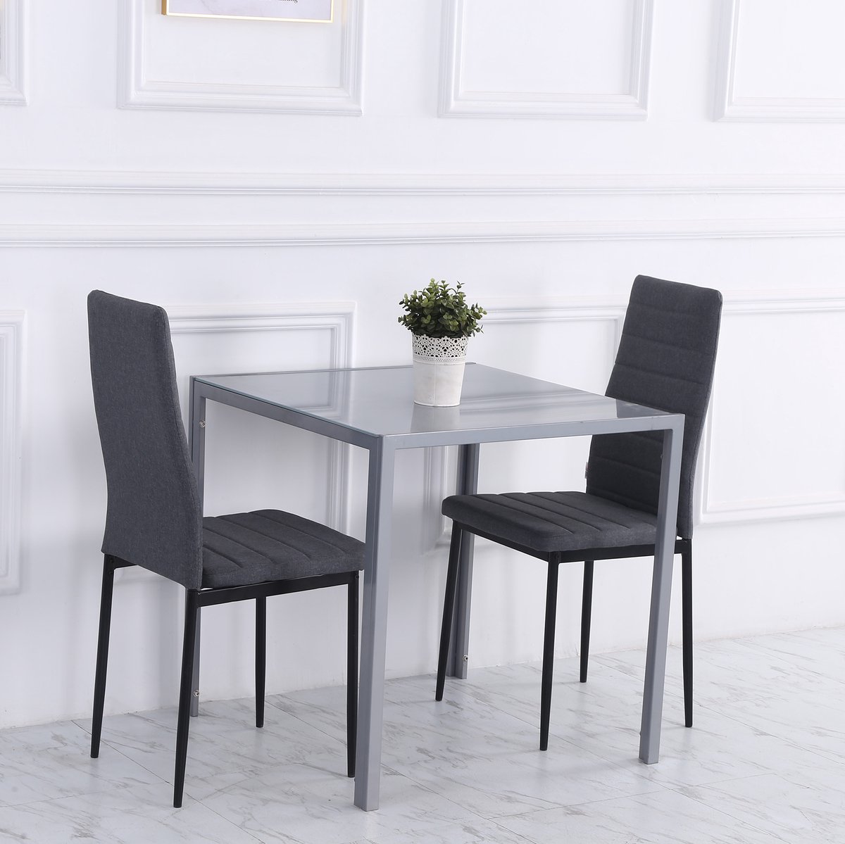 STILVORA Eettafel - Vierkante Tafel Voor 4 Personen Met Gehard Glazen Tafelblad - Compact Voor Keuken En Eetkamer - Metaal - 75 x 75 x 75 cm - Grijs