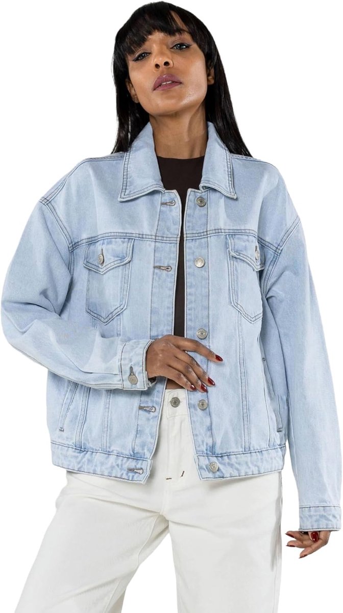 Carter Jeansjack voor dames, rechte denim jas met knoopsluiting, borstzakken en zijzakken, lichte overgangsjas in casual look