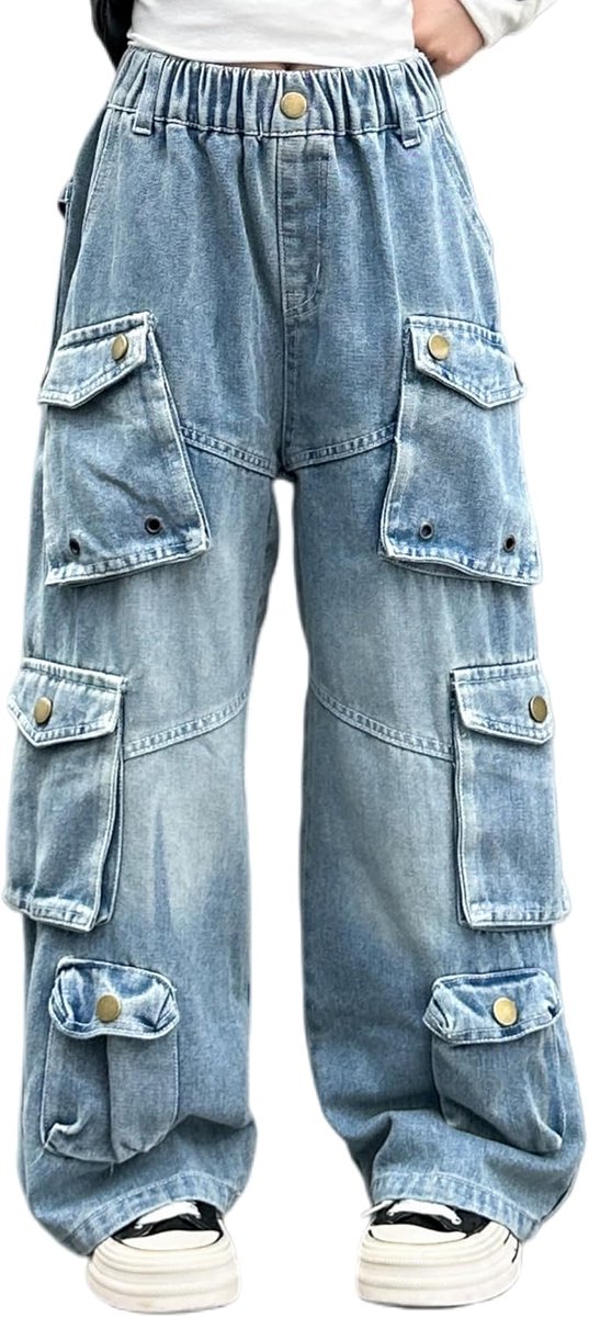 Baggy cargobroek voor meisjes met elastische hoge taille, rechte streetwearbroek met wijde pijpen en meerdere zakken