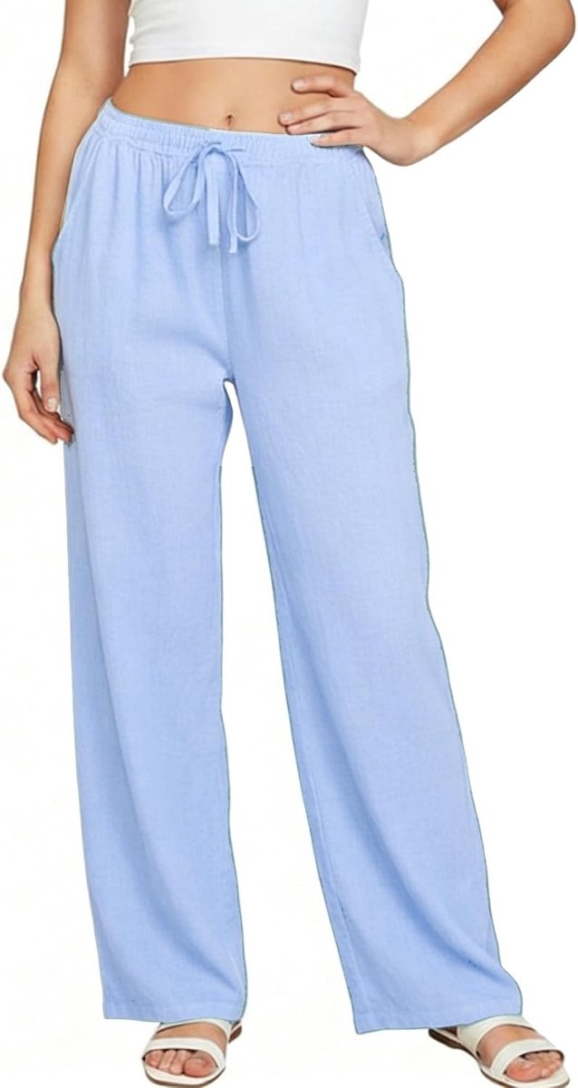Zomerbroek voor dames, casual, katoenen linnen, hoge taille, elastisch, lange broek, comfortabel, licht, vloeiend, brede strandbroek met zakken