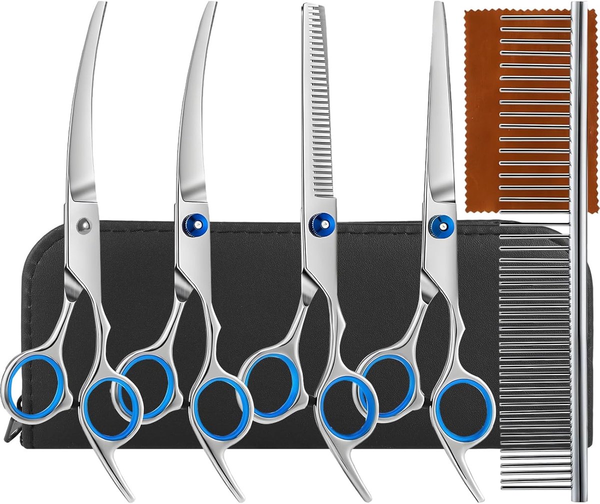 Hondenschaarset, 5-in-1, met veilige ronde punt, inclusief effileerschaar, gebogen schaar, rechte schaar, vachtverzorgingskam, roestvrij stalen vachtschaar voor honden, katten en