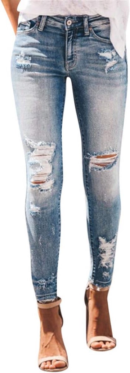 Jeans Slim Gescheurde Broek met Zichtbare Knoopsluiting Elegant Hoge Taille Skinny Broek Streetwear Mode Stretchy Jeans, blauw