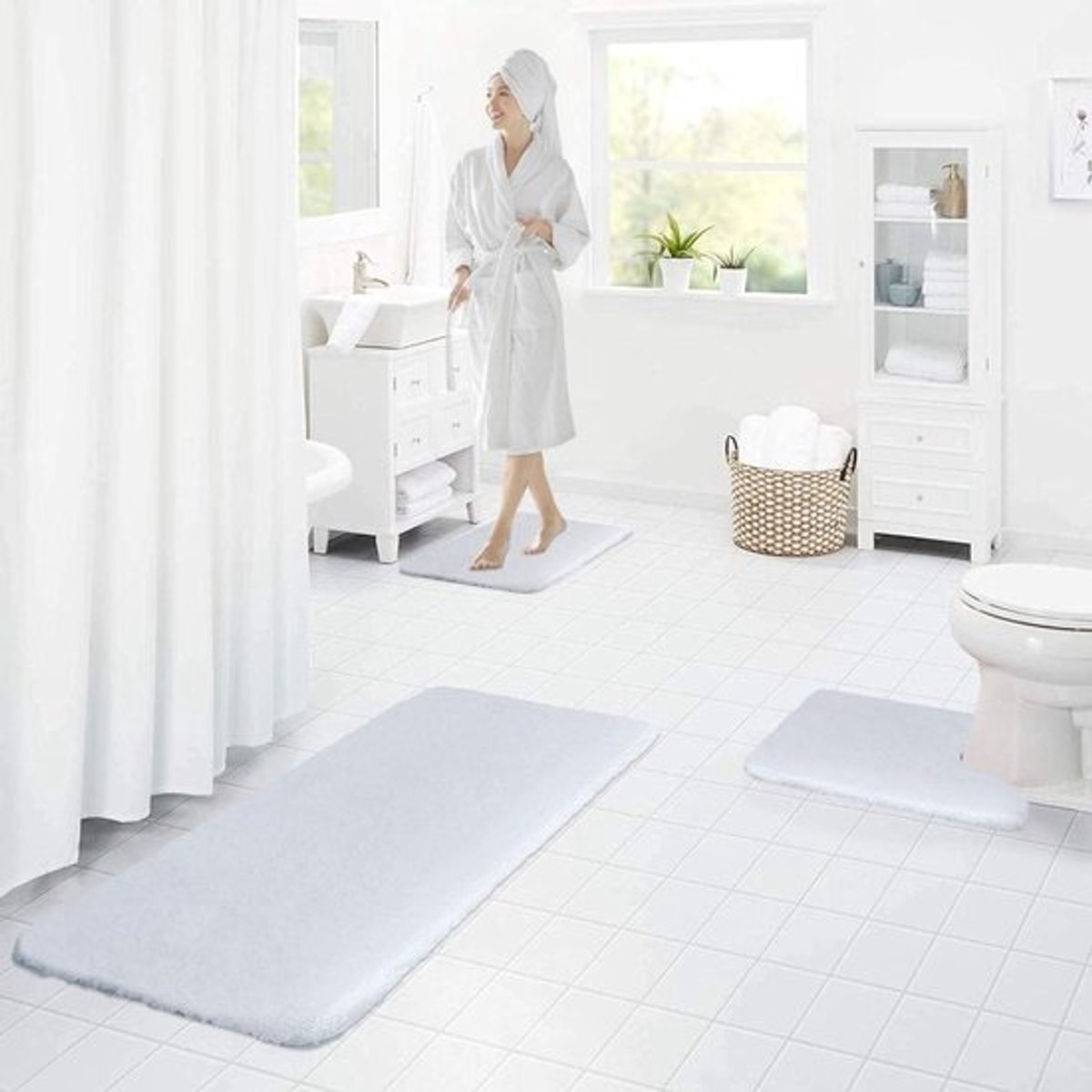 Badmat 60 x 90 cm wit hoogpolig microvezel zacht wollig antislip wasbaar - Homaxy