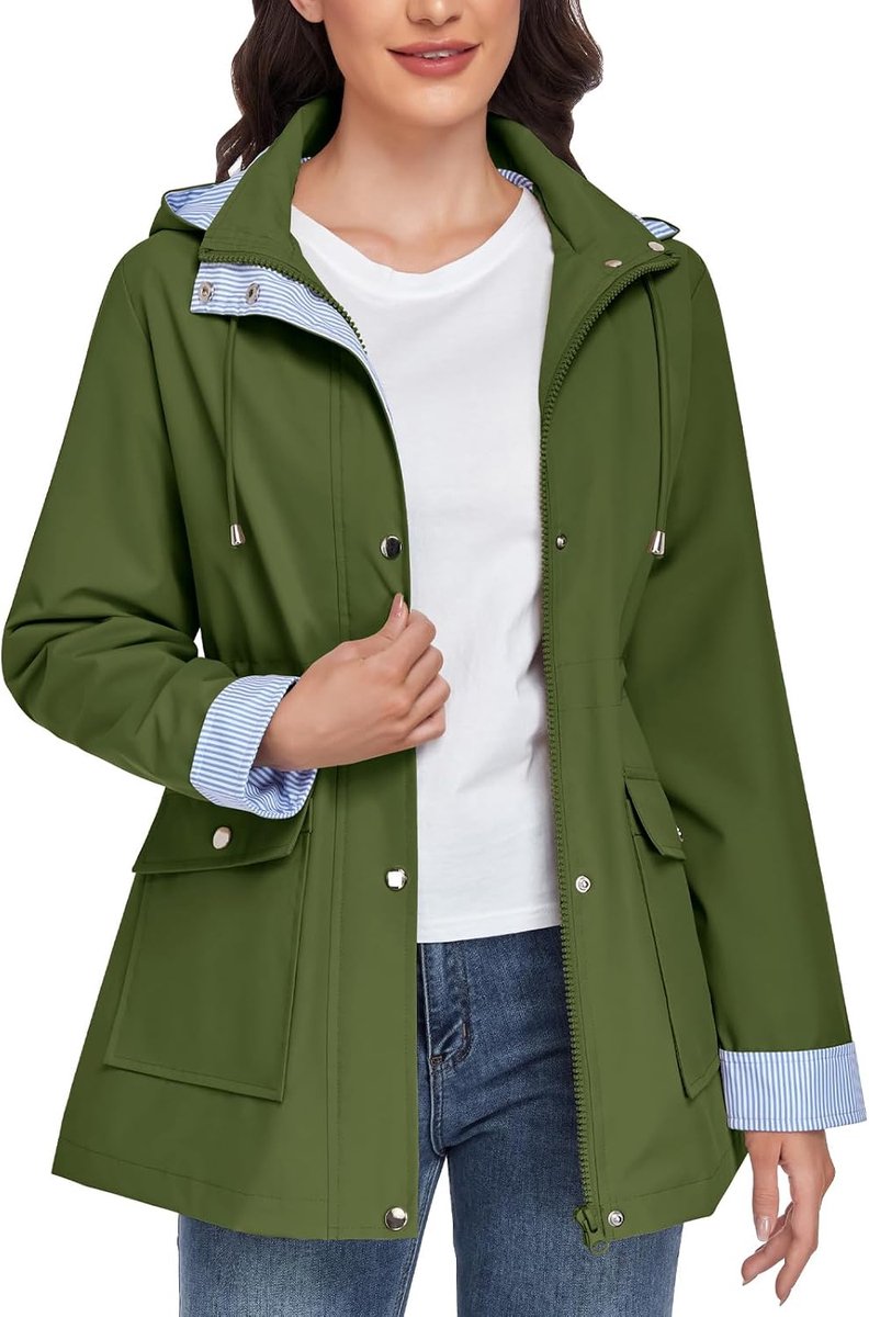 Heekpek Regenjas voor dames, gestreept, lang, parka, licht, lichte jas, capuchon, trenchcoat, regen, winddicht, elegant, ritssluiting, softshell met zak en trekkoord
