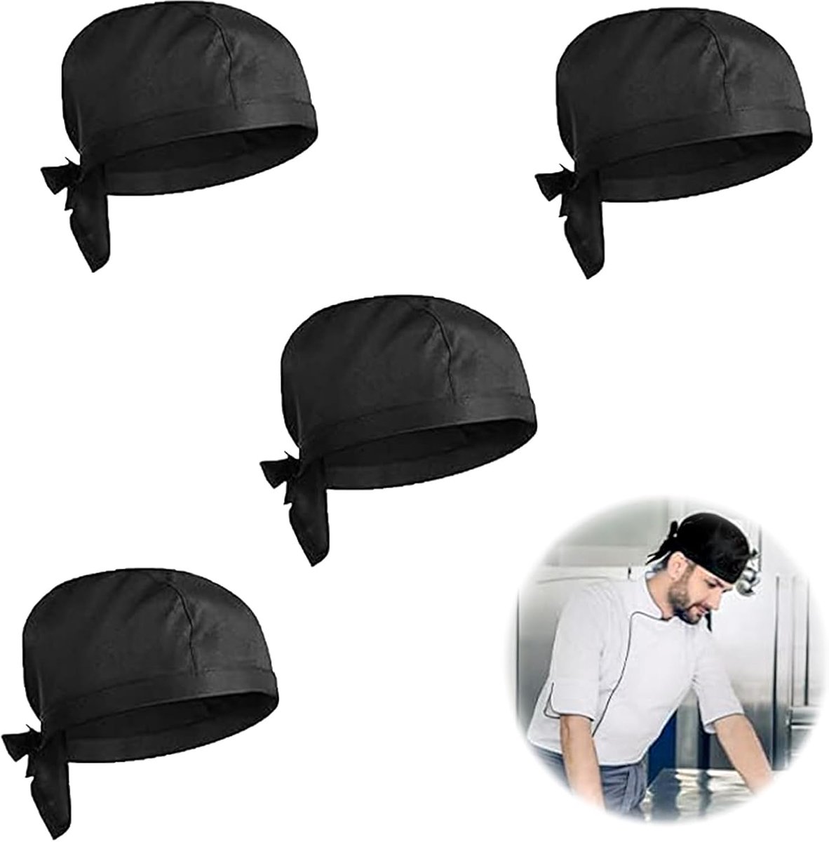4 Stukken Keuken Bandana Professionele Catering Hoed voor Mannen en Vrouwen Koken Muts Zwart voor Volwassenen Kookmuts voor Restaurants, Hotels, Scholen, Winkels