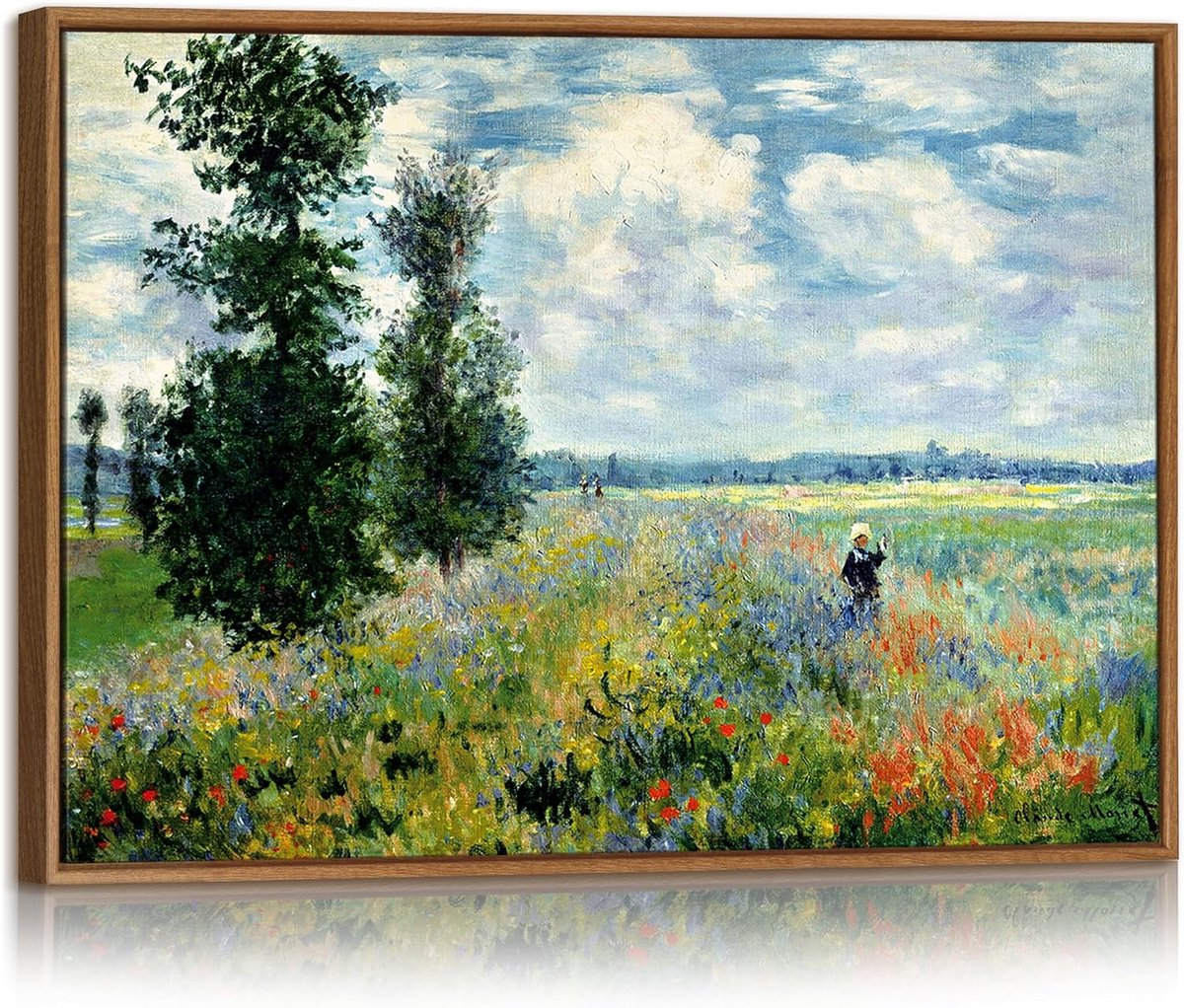 Afbeeldingen met frame zilveren Veld Klaprozen Monet Muurprints Reproductie Velden Klaprozen Foto Retro Groene Velden Landschap Print op Canvas Decor voor Woonkamer Slaapkamer 30 x 40 cm