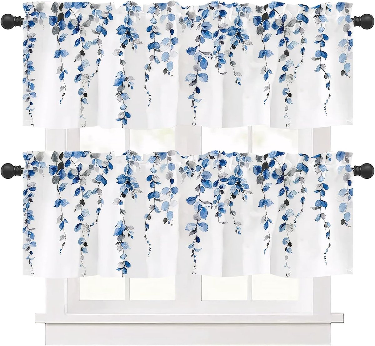 Aquarelgordijnen, set van 2, moderne decoratie, slaapkamer, badkamer, keuken, woonkamer, bistrogordijn, donkerblauw