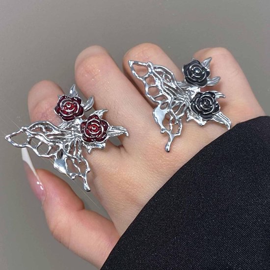 Overdreven vlinderring van zilver, metaal, vlinder, bloem, filigraan ringen, grote roos, vingers, hol, enkelringen, handsieraad voor vrouwen (rozerood) — afbeelding 5