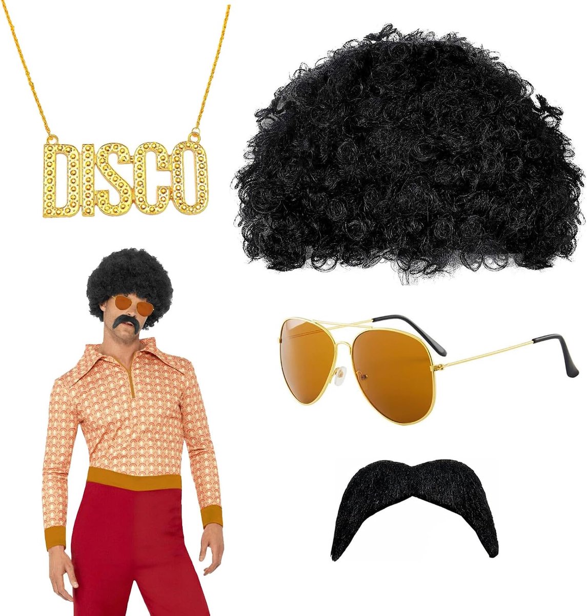 4-Delige Hippiekostuumset Met Afropruik, Halsketting, Snor En Zonnebril Voor Heren, Jaren 80-Outfit Voor Cosplay, Halloween En Kostuumfeesten