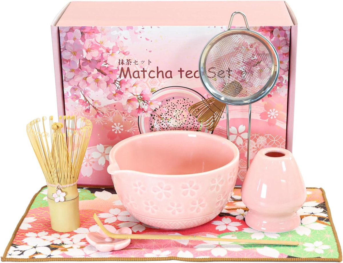 Set 7-delige Premium Matcha Tea Set met Matcha Kom met schenktuit en bamboe Chasen (100+ punten), houder, lepel, zeef, zakdoek, complete ceremoniële matcha starterset (Roza)