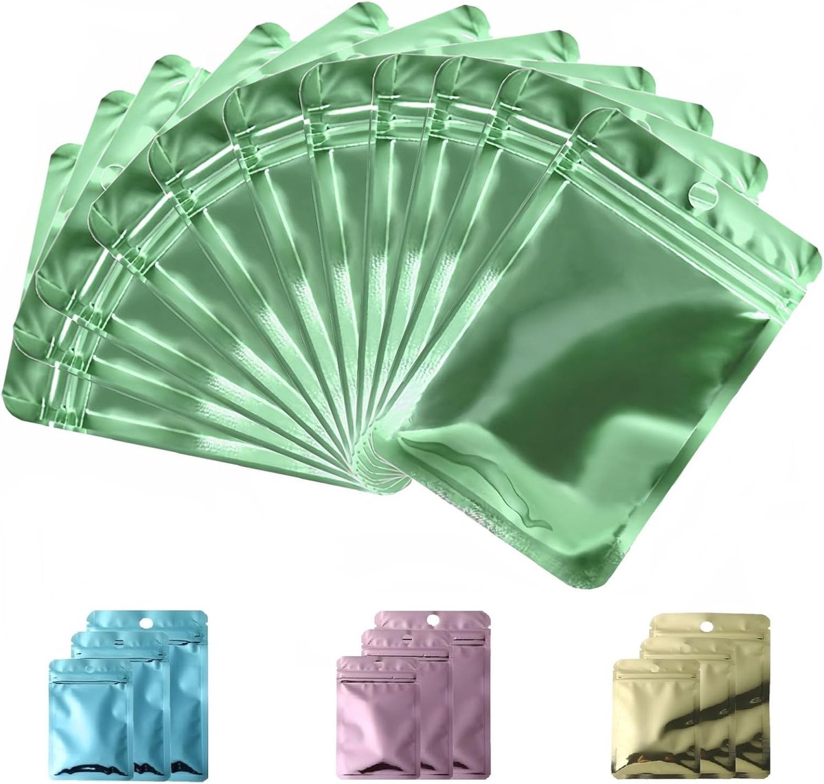 50 stuks Hersluitbare Aluminium Ritssluiting Zakken, Mylar Folie Zakjes met Rits, Luchtdichte Kleine Platte Zakken voor het Bewaren van Voorwerpen en Voedsel (Metallic Groen, 10,5x15cm)