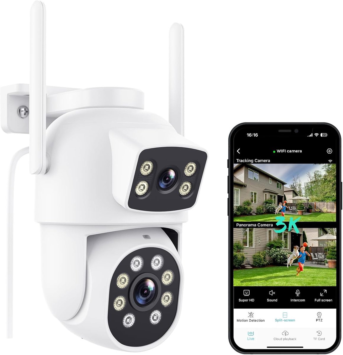 3K bewakingscamera voor buiten, 6 MP PTZ IP-camera, bewakingscamera voor buiten met dubbele lens, wifi-camera voor buiten met nachtzicht in kleur, automatische tracking, tweerichtingsaudio
