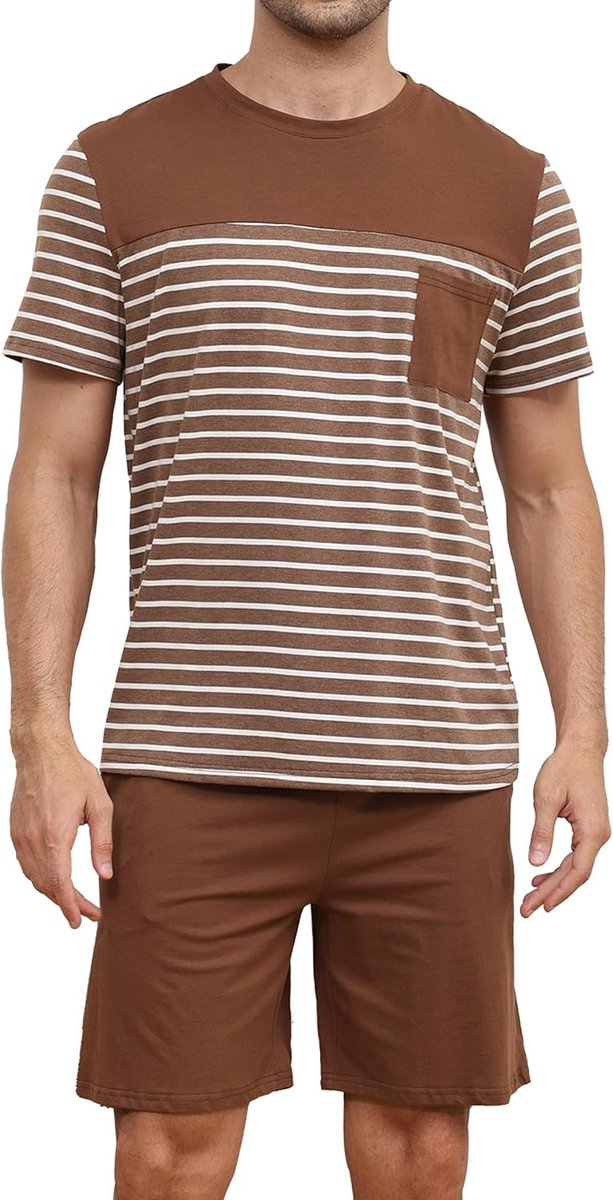 Zomerpyjama voor heren, katoen, kort, 2-delig, korte mouwen, gestreept, met zakken, licht en zacht, loungewear, vrijetijdskleding, zacht en comfortabel, S-XXL