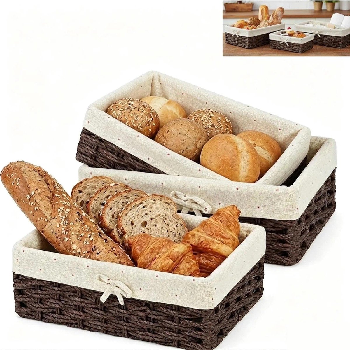 3-delige broodmandenset van gevlochten papier touw met katoenen voering, decoratieve opbergmanden voor brood, desserts, woonkamer, bruin en keukenlade