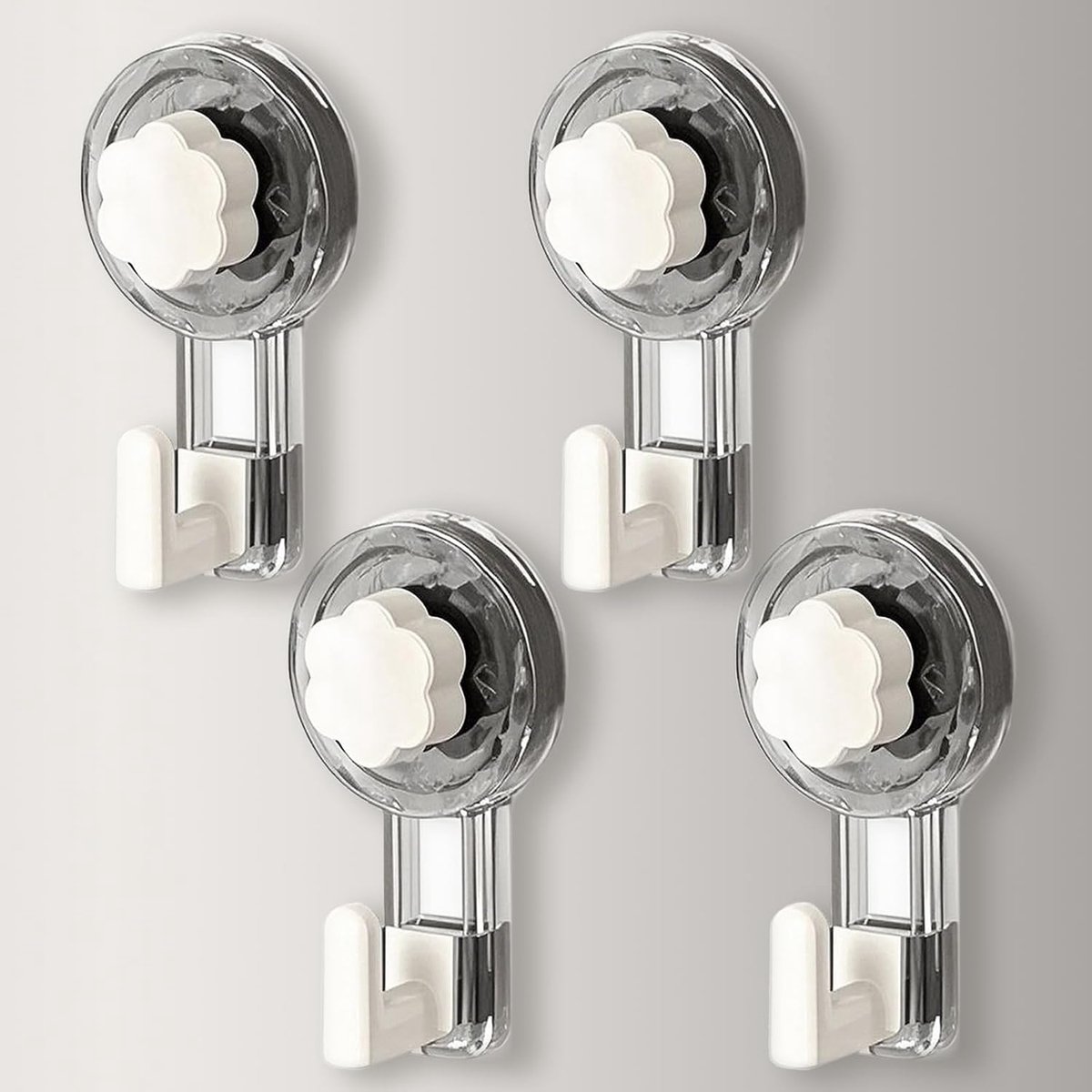 Zonder Boren, Extra Sterke Zuignap Haken (62mm) Herbruikbaar voor Badkamer, Keuken, Camping & Auto, Ideaal Kerstdecoratie (Transparent Gray & White, 11.2 * 6.2 * 4.3cm*4)