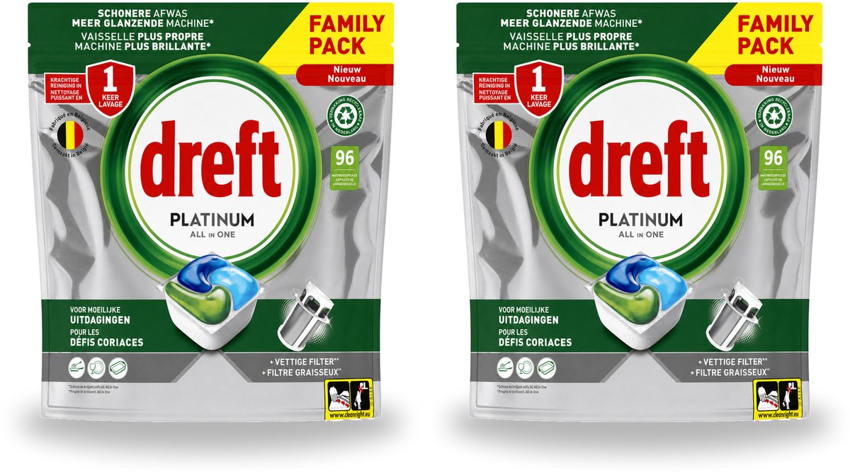 2 x Dreft - Vaatwastabletten - Platinum All-in-One Origineel - Grootverpakking - 96 Tabletten - Voordeelverpakking - 2 stuks