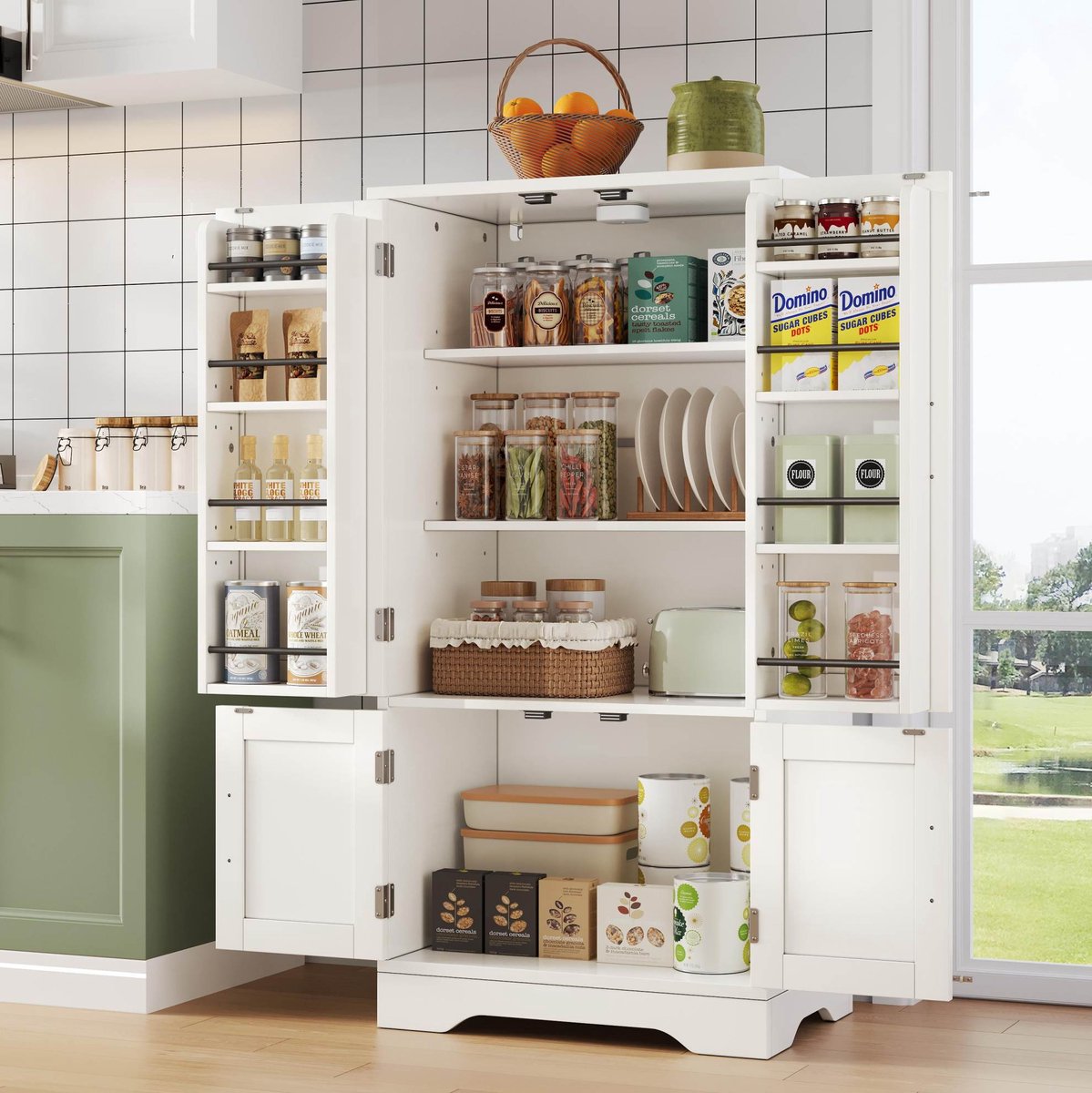MEUNIQ Keukenkast 120 x 60 x 40 cm - 4-deurs opbergkast met verstelbare planken, deurvakken, LED-sensorlicht en anti-kantelvoorziening - Wit