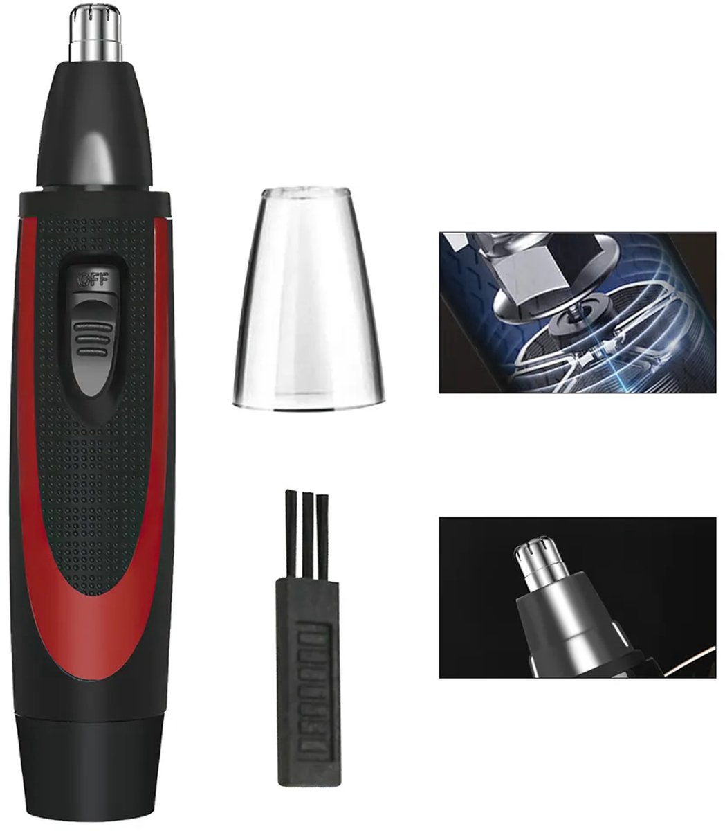 Elektrische neushaartrimmer, oorhaartrimmer, roterend mes, veilig en pijnloos, afwasbaar mes, draagbaar, rood.