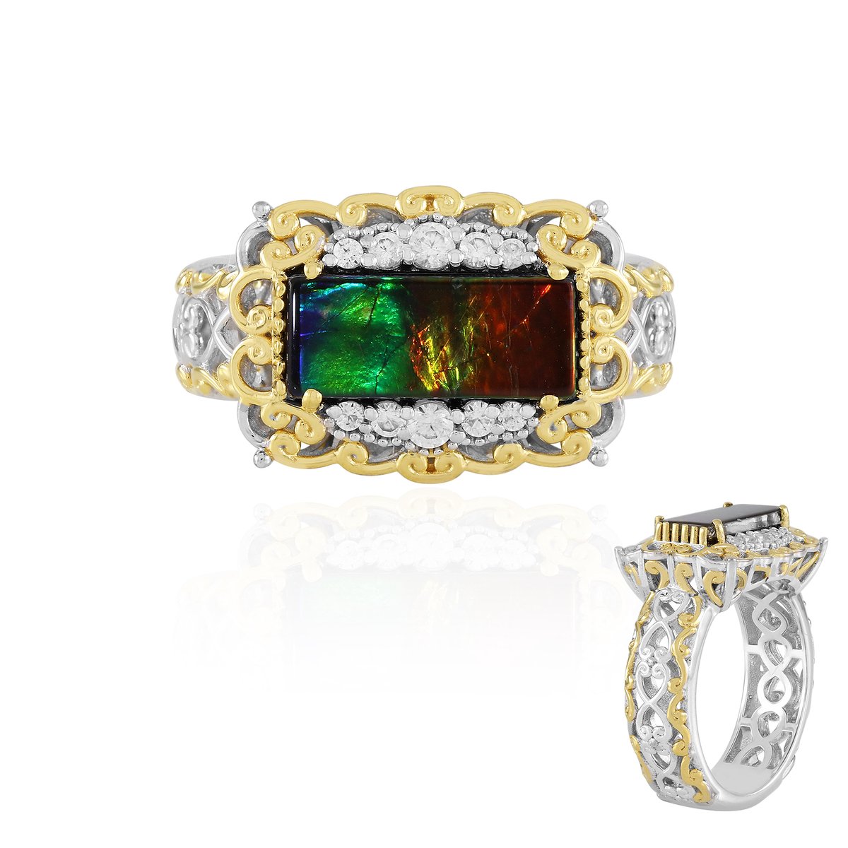 Cavill - Ammoliet Ring 1,647 ct - 925 Sterling Zilver Palladium - 10 Cambodjaanse Zirkonia's - Elegant Statement Sieraad