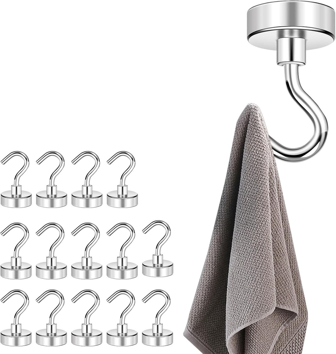 Magnetische haken, 16 mm magneet met haken, roestvrijstalen magneethaken, klein, afneembare haken, magnetisch, voor het ophangen van handdoeken, paraplu's en hoeden