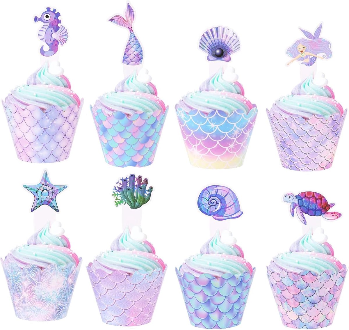 Taartdecoraties, 48 stuks zeemeermin cupcakes, toppers en zeemeerminnen thema, cupcake-wikkelset, cupcake-plectrums, zeethema, verjaardagsdecoraties voor verjaardagsfeest