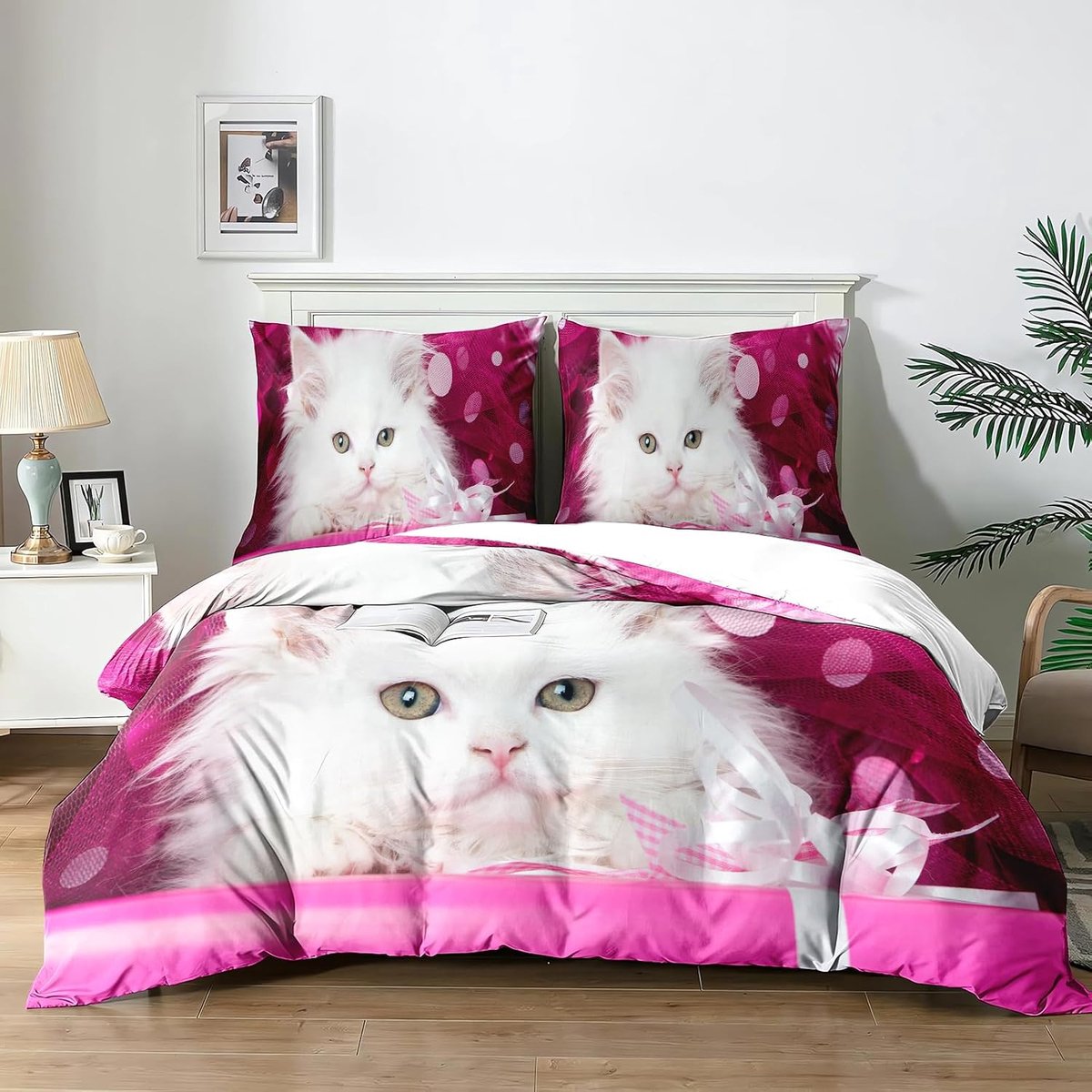 Beddekje Katze 220×240 cm, kinderbedje gedrukt Katze 3D, 1 beddekje van microvezel Rose + 2 kussenstukken 65×65 cm (Cat1×220)