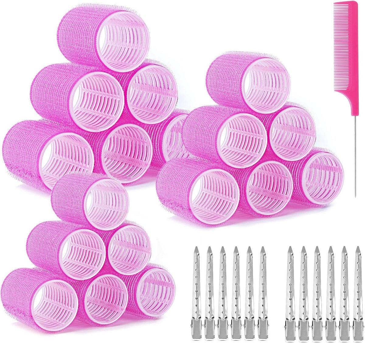 Krulspelden, 18 stuks zelfgrijpende en 12 grote haarclips, zonder hitte, voor salon, kapper, slaap, lang en kort haar (roze)
