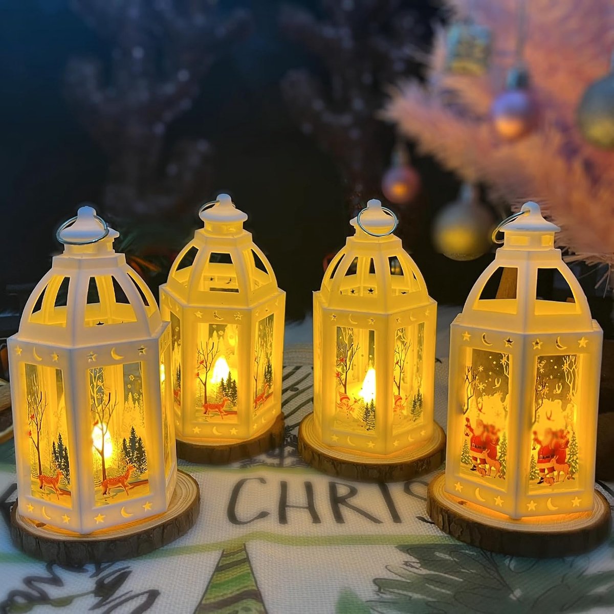 4 stuks LED lantaarn Kerstmis, kerstlantaarn Kerstkaarsen vlamloos, kerstdecoratie verlicht binnen buiten kabouter decoratie met licht, 13 x 7 cm,tafeldecoratie raam verlicht
