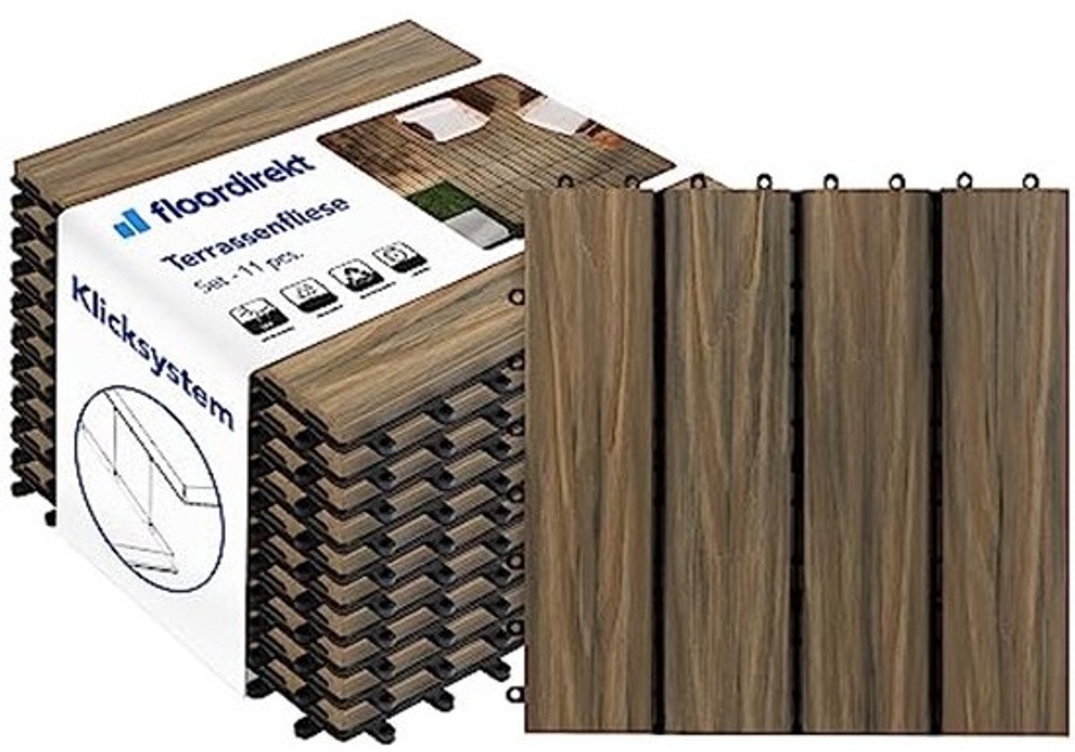 Deck Tiles met Kliksysteem voor Buiten - Weerbestendig en Met Afwateringsfunctie, 30 x 30 cm, 11 Stuks = 1 m² Mix Teak