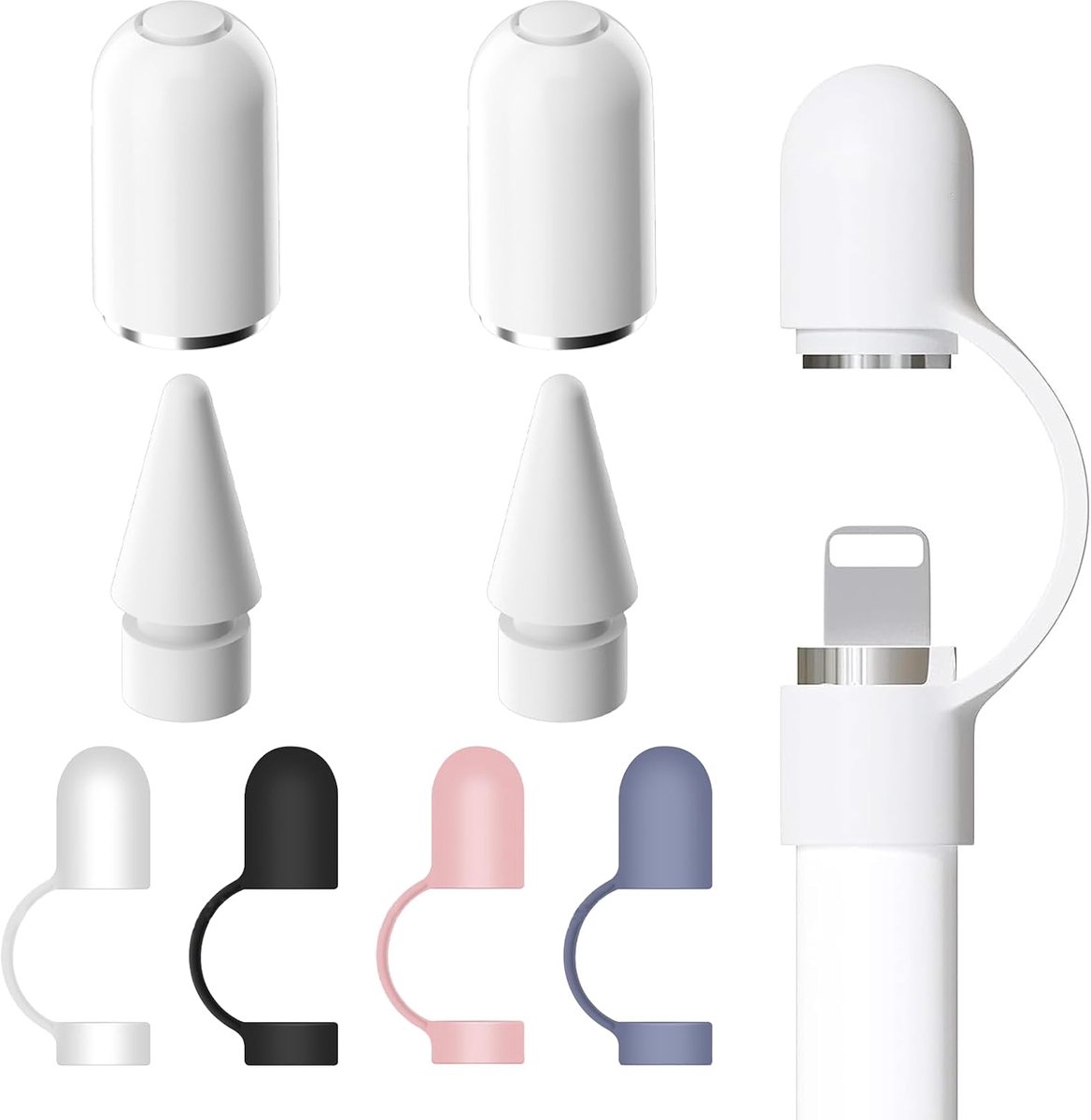8 stuks pennendoppen voor Apple Pencil deksels (2 stuks witte doppen en punten, 4 stuks beschermhoes, punten), Apple Pencil 1e Generation dop, anti-verlies van siliconen voor Apple Pencil dop