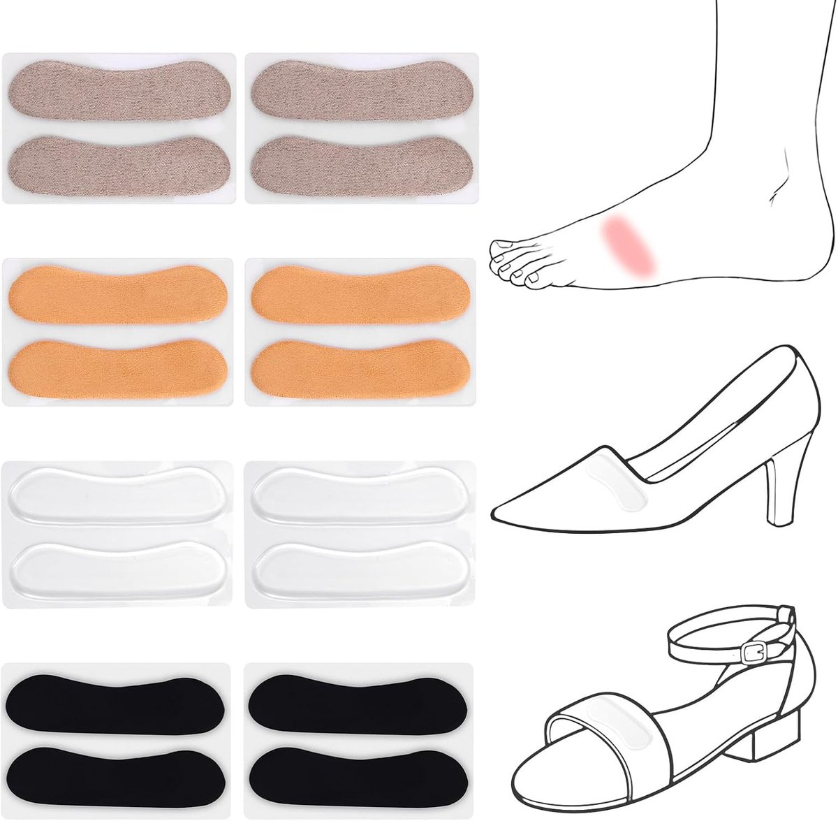 8 Paar Sandaalbandkussentjes, 4 Kleuren Zelfklevend Hielkussentjes Antislip Hielbandkussentjes voor te Grote Uitglijdende of Wrijvende Schoenen (Transparant, Geel, Zwart, Grijs)