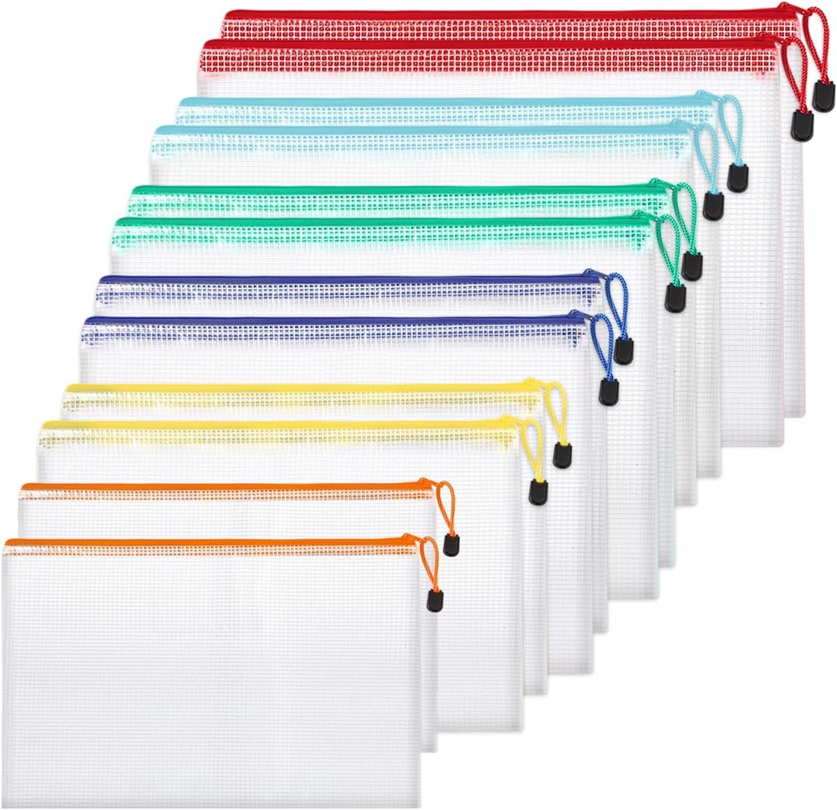 12 stuks, 6 maten, met ritssluiting, A4, A5, A6, B4, B5, B6, waterdichte documentenmap met ritssluiting voor bestanden, examendocumenten, boeken, school, reizen (6 kleuren)