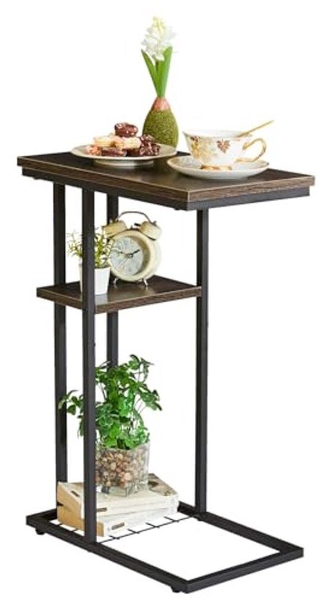 Lage C-vorm bijzettafel met 2 etages voor woonkamer, slaapkamer, balkon en kantoor - zwart/grijs