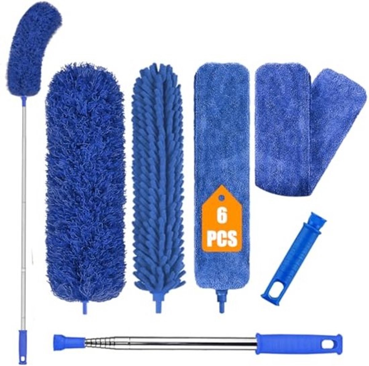 Verlengbare Pluizenveger en Boogveger voor Spaansnet - Reinigingsset met 254 cm Telescopische Extensie, Lange Stang, Hoekborstel en Microvezel, Blauw