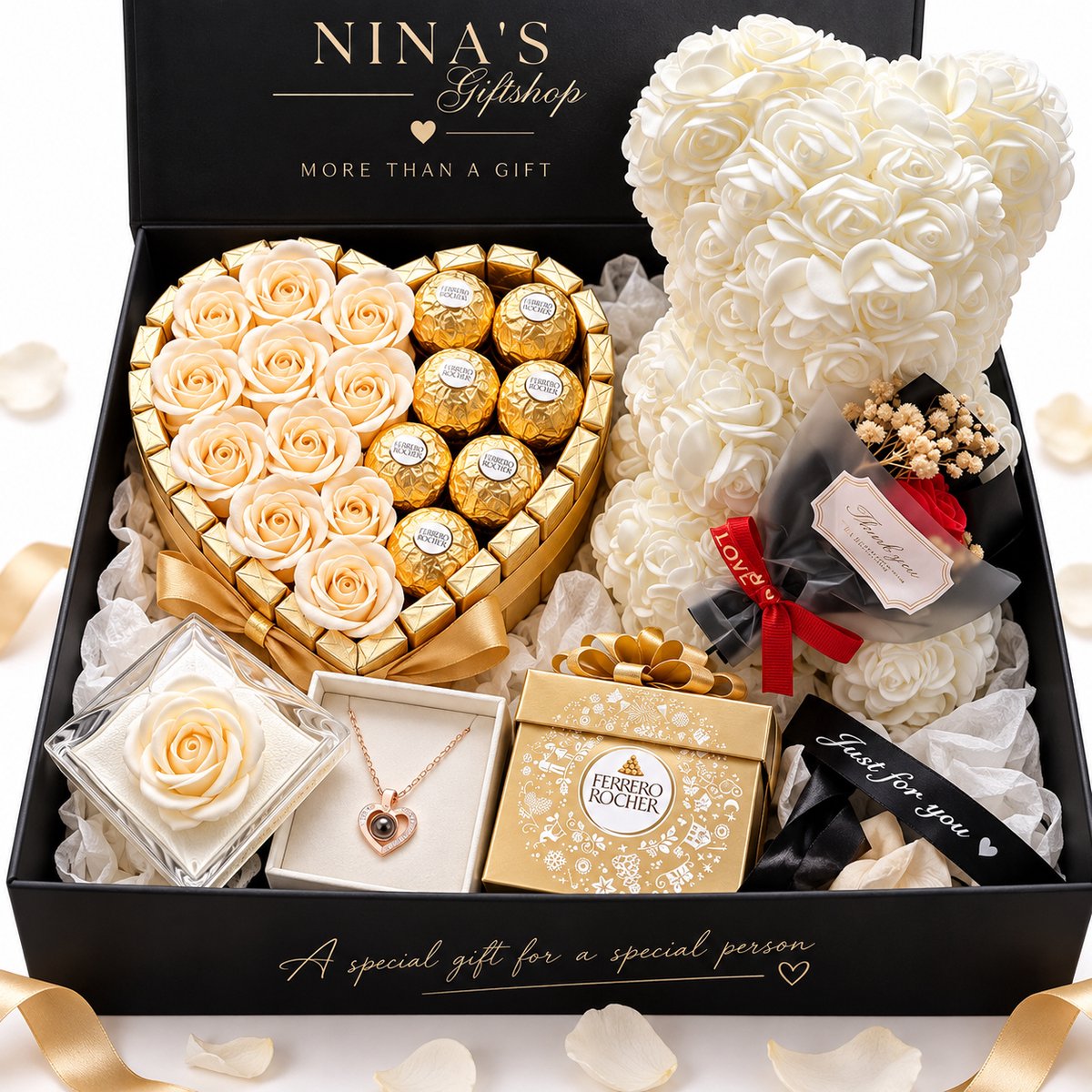 Nina’s Giftshop® Valentijn Geschenkset – Chocoladehart, Rozenbeer & Ketting – Cadeau voor Haar & Vrouw – Valentijn Cadeau