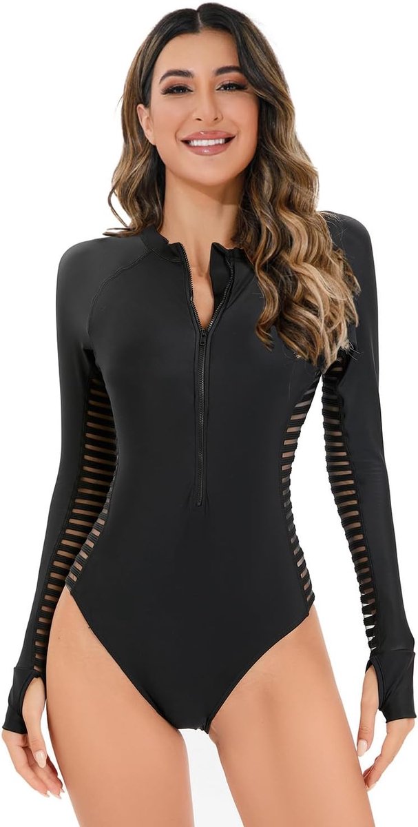 Badpak voor Dames met Mouwen,Badpak,Zwempak met Rits aan de Voorkant,Surfkleding,Duikpak,Huidbeschermers