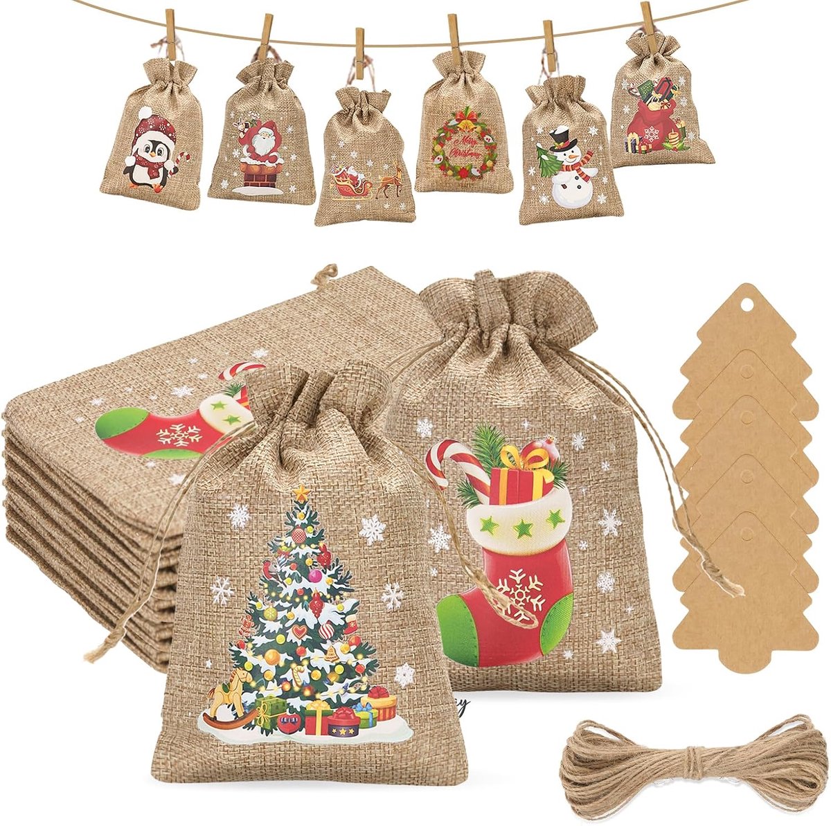 24 adventskalenders van jute, 13 x 18 cm, met 24 etiketten